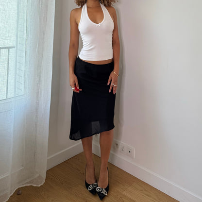 Vintage Black Asymmetrical Mesh Midi Skirt Sheer Hem Y2K (S)