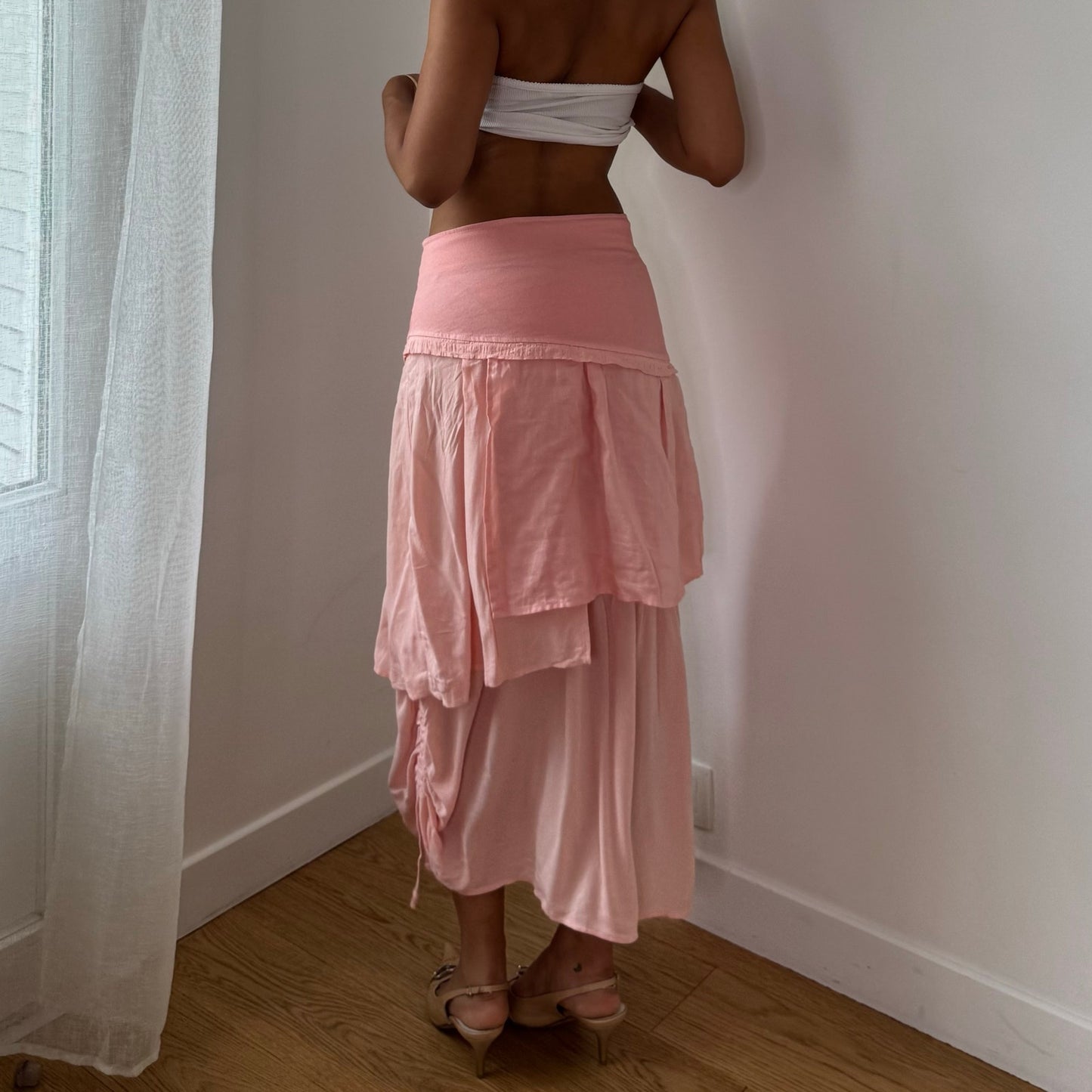 Vintage Pink Embroidered Layered Midi Skirt Italian Designer Y2K (S)