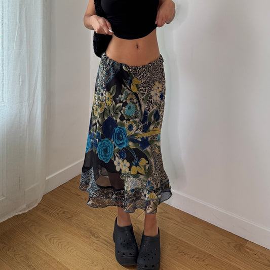 Vintage Blue Rose Floral Mesh Midi Skirt Sheer Layered Y2K Skirt (S) ⠀