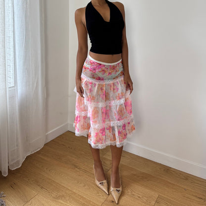 Vintage Euro floral mesh tiered lace-trim semi-sheer midi skirt (XS/S)