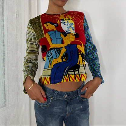 Euro Vintage Red Blue Yellow Green Pop Art Graphic Velvet Long Sleeve Top