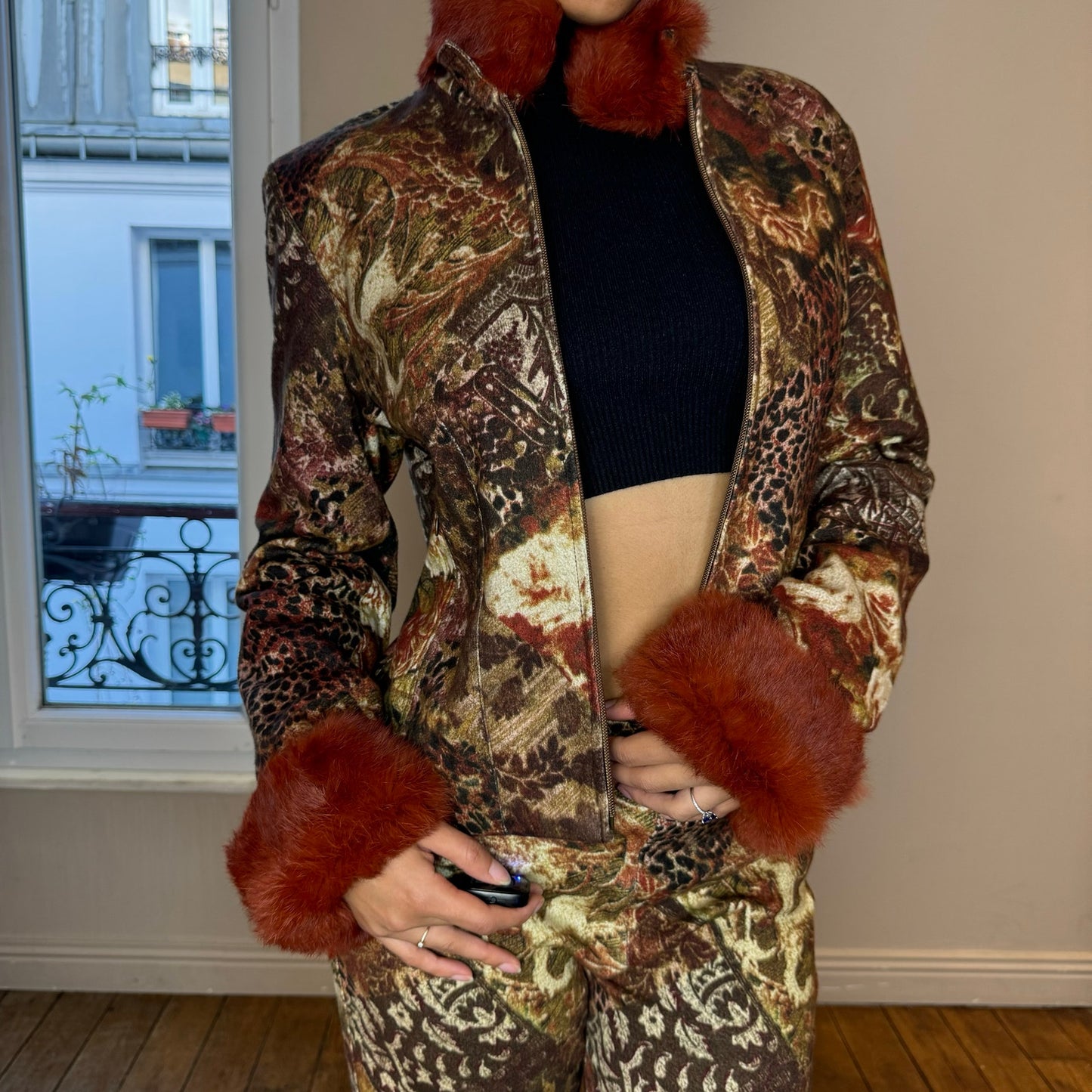 Copied - Vintage euro animal & floral prints matching pants and jacket set with fur trim