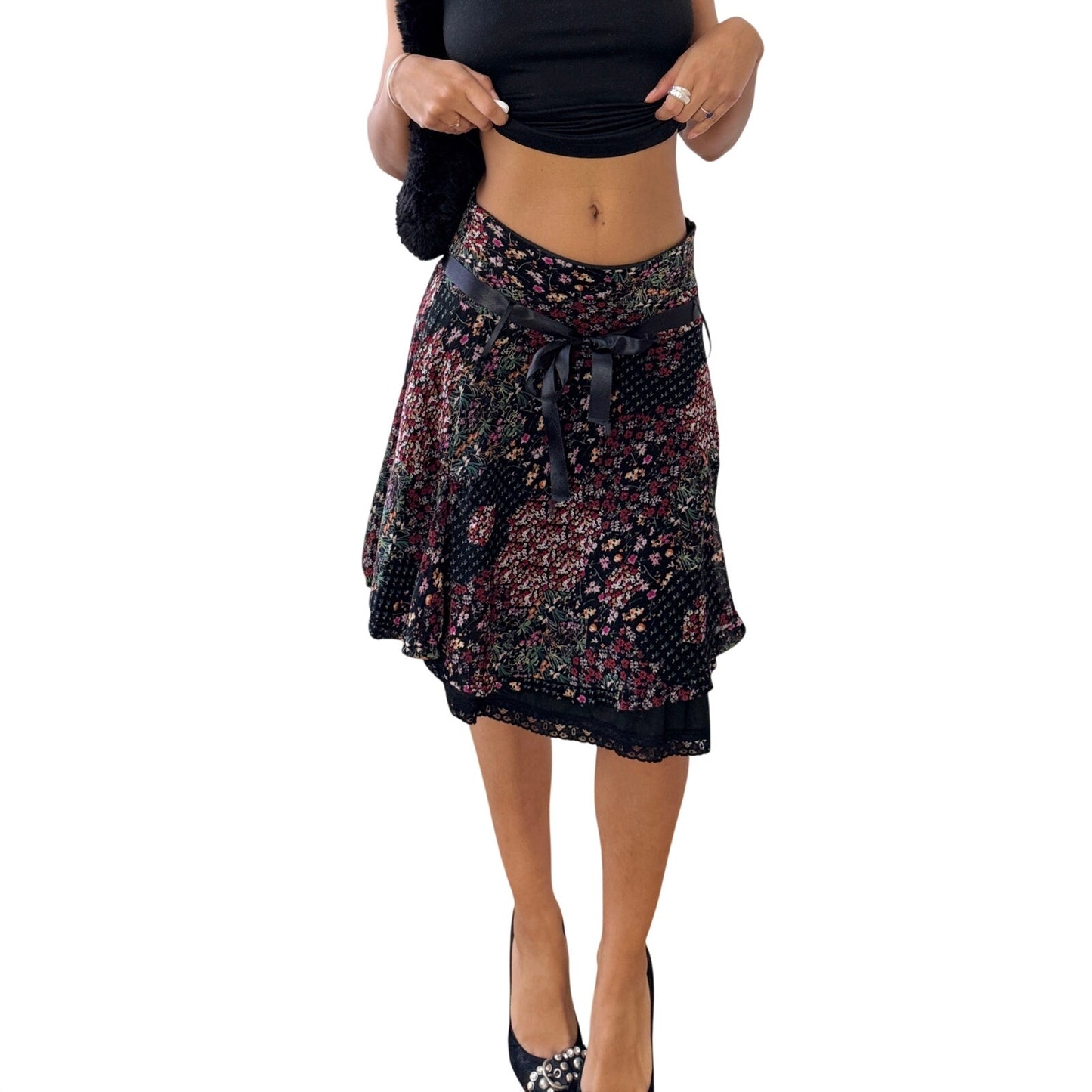 Vintage Italian Black Floral Mesh Mini Skirt Ribbon Tie Detail (S)