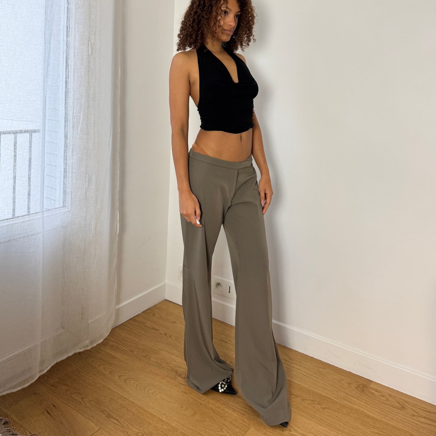 Vintage Italian khaki low rise wide leg trousers deadstock with tag and extended length (S/M)