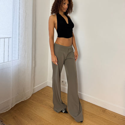 Vintage Italian khaki low rise wide leg trousers deadstock with tag and extended length (S/M)