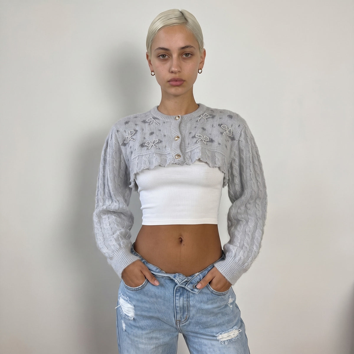 Vintage Italian 90s Grey Wool Beaded Bow Cropped Cardigan (S)