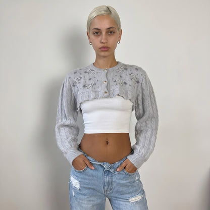 Vintage Italian 90s Grey Wool Beaded Bow Cropped Cardigan (S)