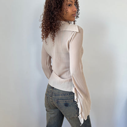 Vintage Italian Beige Sheer Mesh Ruffle Long Sleeve Top (Medium)