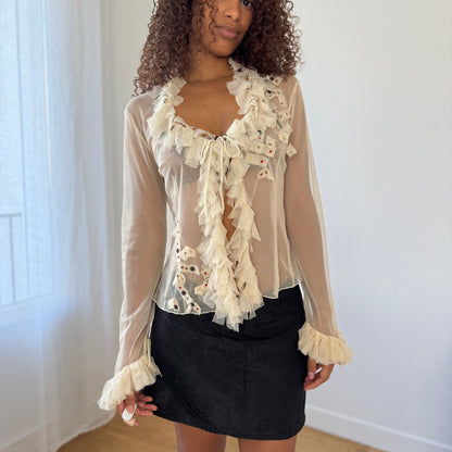 Vintage Italian cream ruffle applique sheer mesh tie-front top (Small/Medium)