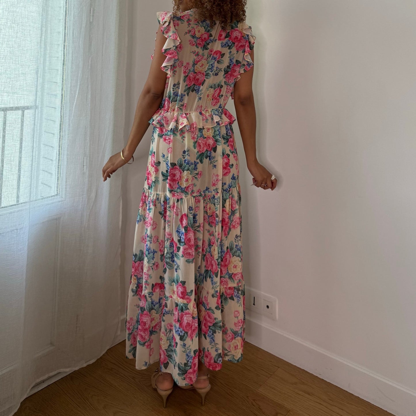 Vintage Twin Set Cream Pink Floral Mesh Maxi Dress Ruffle Tiered Romantic Y2K (S/M)