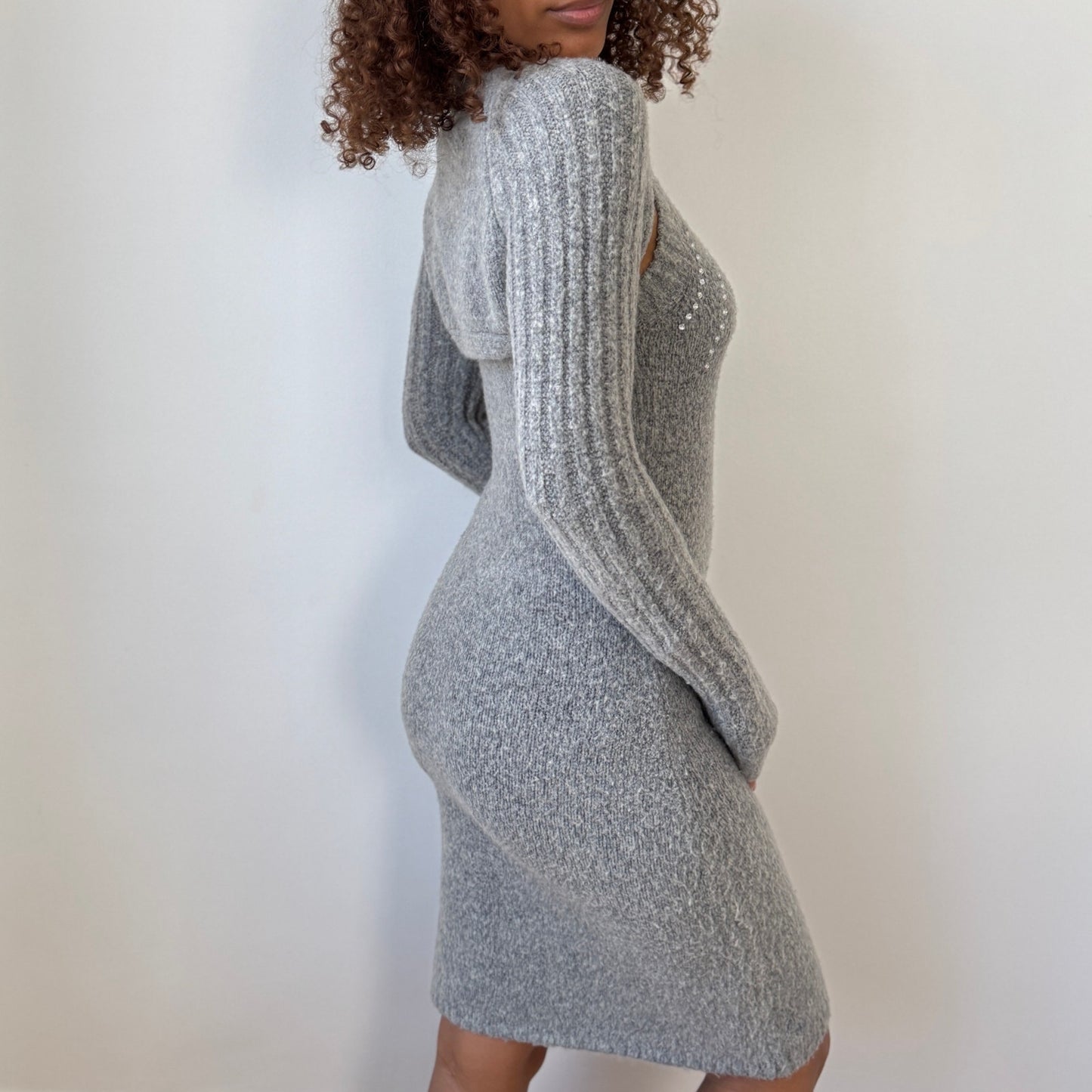 Italian vintage grey rhinestone embellished knit dress with matching bolero set (S)