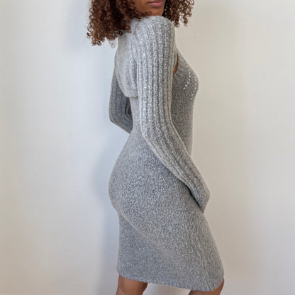 Italian vintage grey rhinestone embellished knit dress with matching bolero set (S)