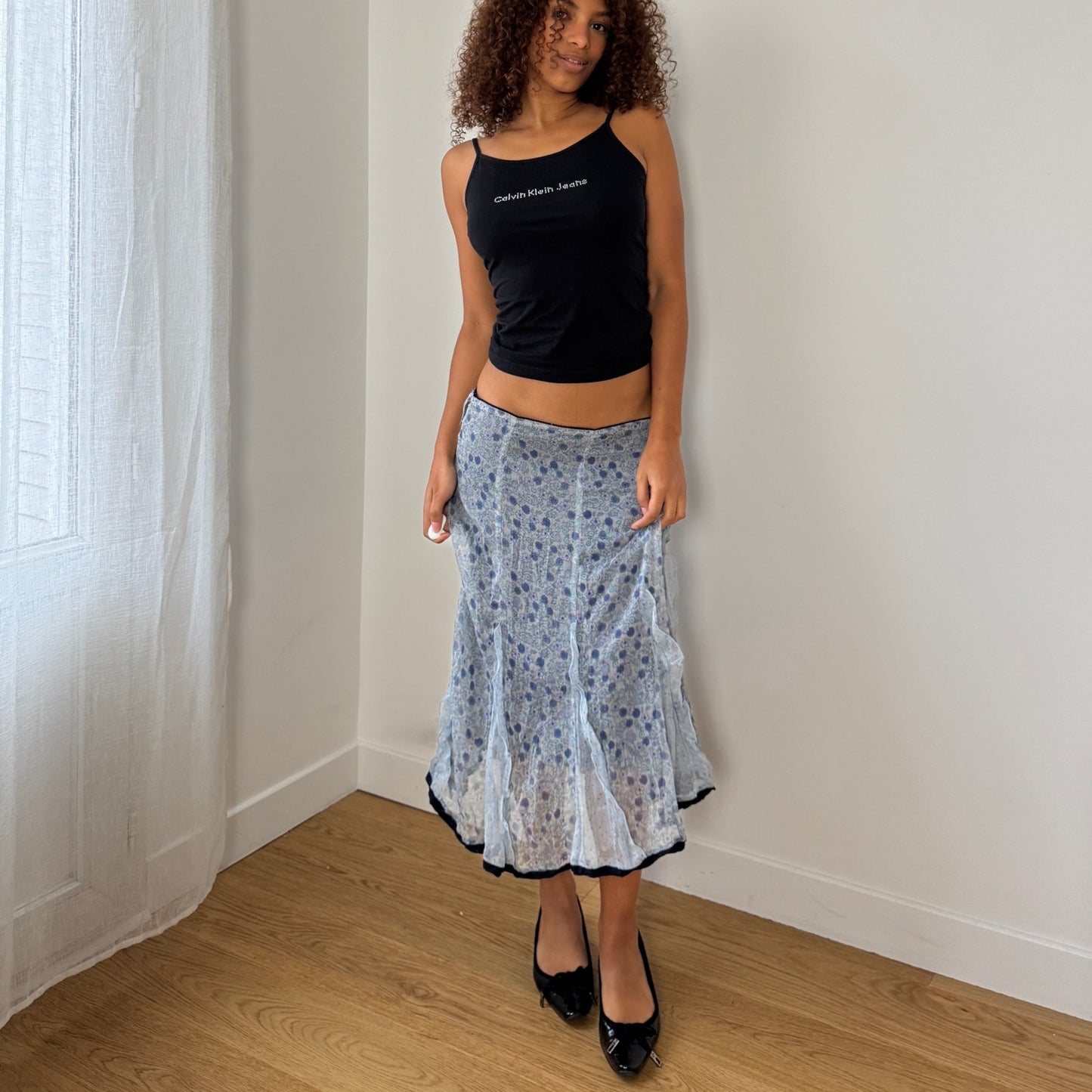 Vintage Italian blue floral chiffon midi skirt with silk ruffle inserts (S/M)