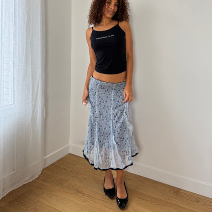 Vintage Italian blue floral chiffon midi skirt with silk ruffle inserts (S/M)