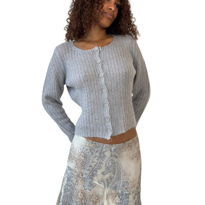 Italian Vintage light grey ribbed mohair-blend knit button-front cardigan (Medium)