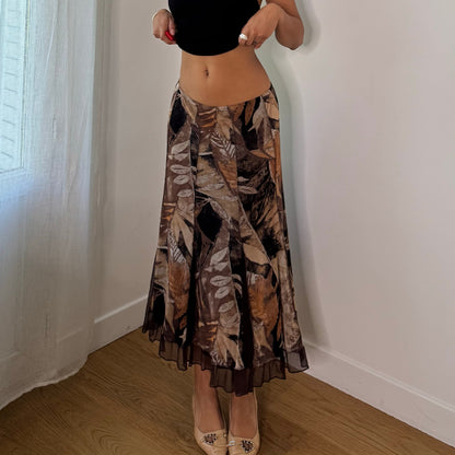 Vintage Brown Black Beige Leaf Print Mesh Midi Skirt Italian Y2K (S)