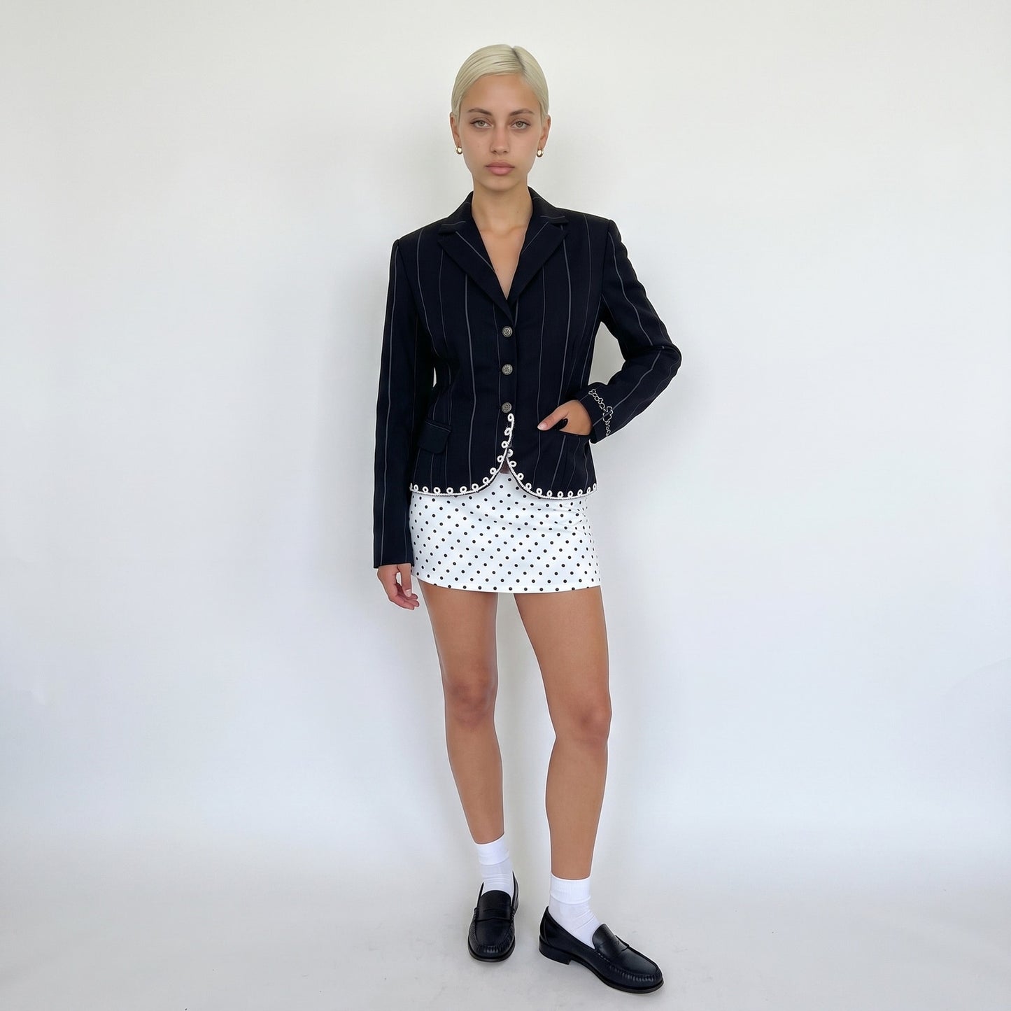 Vintage Black Pinstripe Wool Trim Jacket (S)