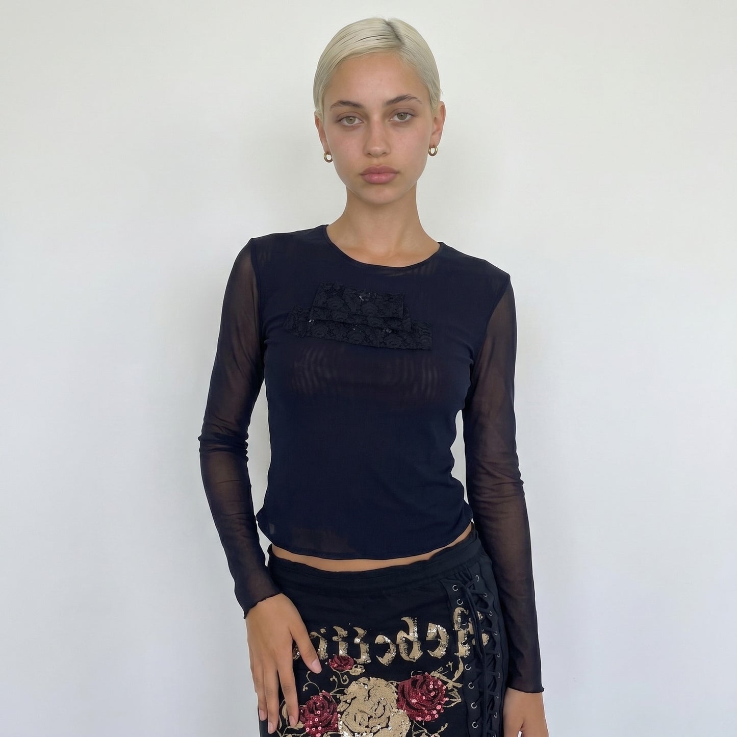 Vintage Euro Lace Mesh Top Rhinestone Sheer Y2K Long Sleeve (S/M)