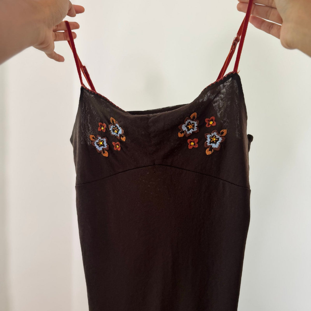 Italian vintage 2000s chocolate brown mesh slip dress with embroidered flowers