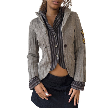 Vintage herringbone blazer with striped contrast and embroidered patches (S/M)