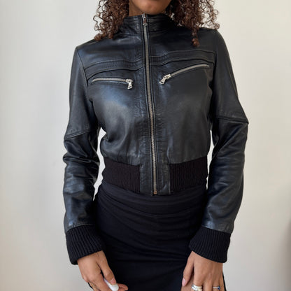 Vintage Italian black real leather zip front jacket with ribbed cuffs and waist (S)