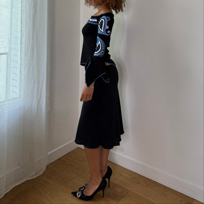 Vintage Black Blue & White Off Shoulder Bell Sleeve Cotton Top Italian Y2K (S)