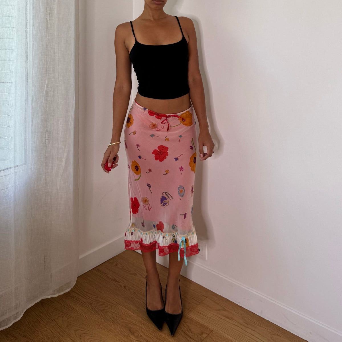 Twin-Set Italian Vintage Pink Red Floral 100% Silk Mesh Midi Skirt with Lace Ruffle Hem