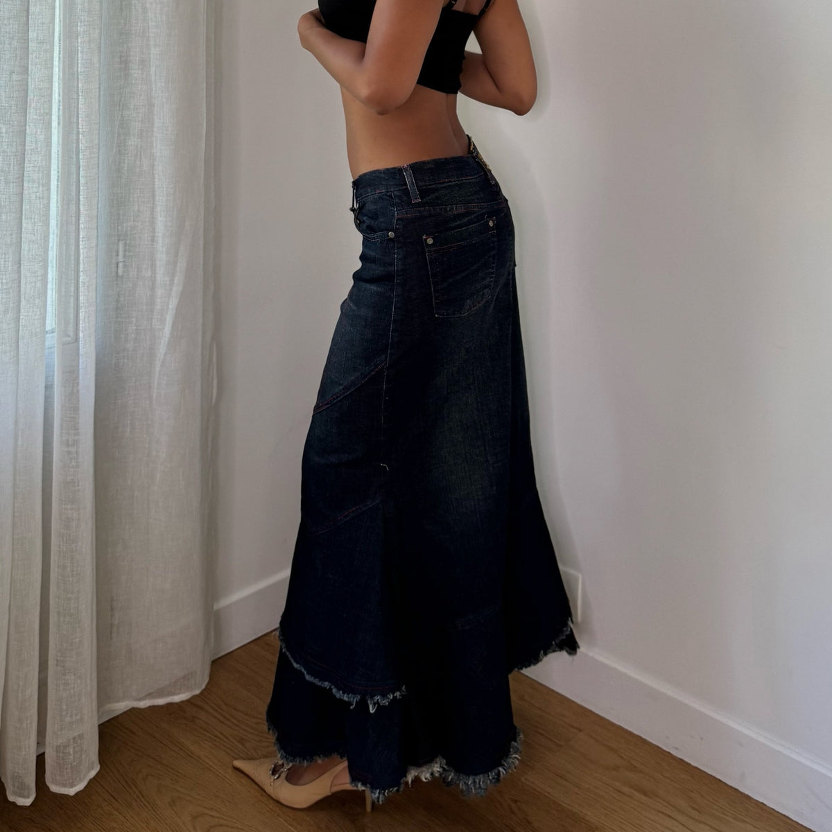 Vintage Italian Dark Blue Denim Tiered Maxi Skirt (S)