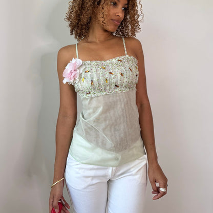 Vintage Mint Green Beaded Mesh Cami Top Floral Appliqué Deadstock Italian Y2K (S)