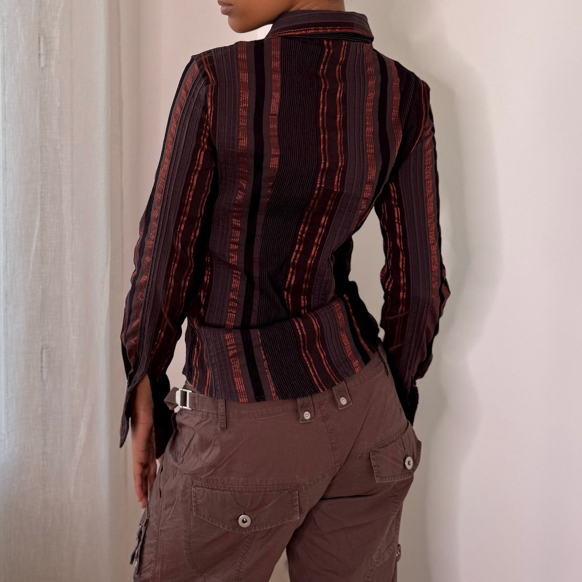 Italian Vintage Brown Orange Striped Fitted Button Up Shirt
