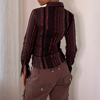 Italian Vintage Brown Orange Striped Fitted Button Up Shirt