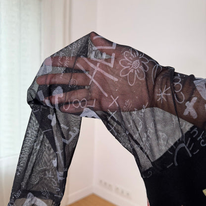 Misia Paris French vintage Y2K black illustrated graphic top with French poetry print & sheer doodle mesh sleeves