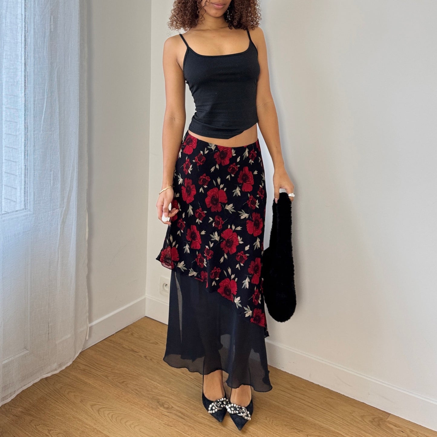 Vintage Italian Black Red Rose Mesh Midi Skirt Asymmetrical Sheer Hem (S)