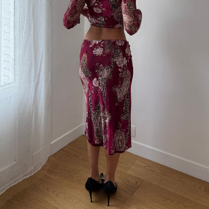 Vintage Burgundy Floral & Cheetah Lace Midi Skirt Y2K French (S)