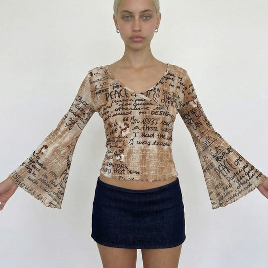 Vintage French Beige Script Print Mesh Top (S/M)