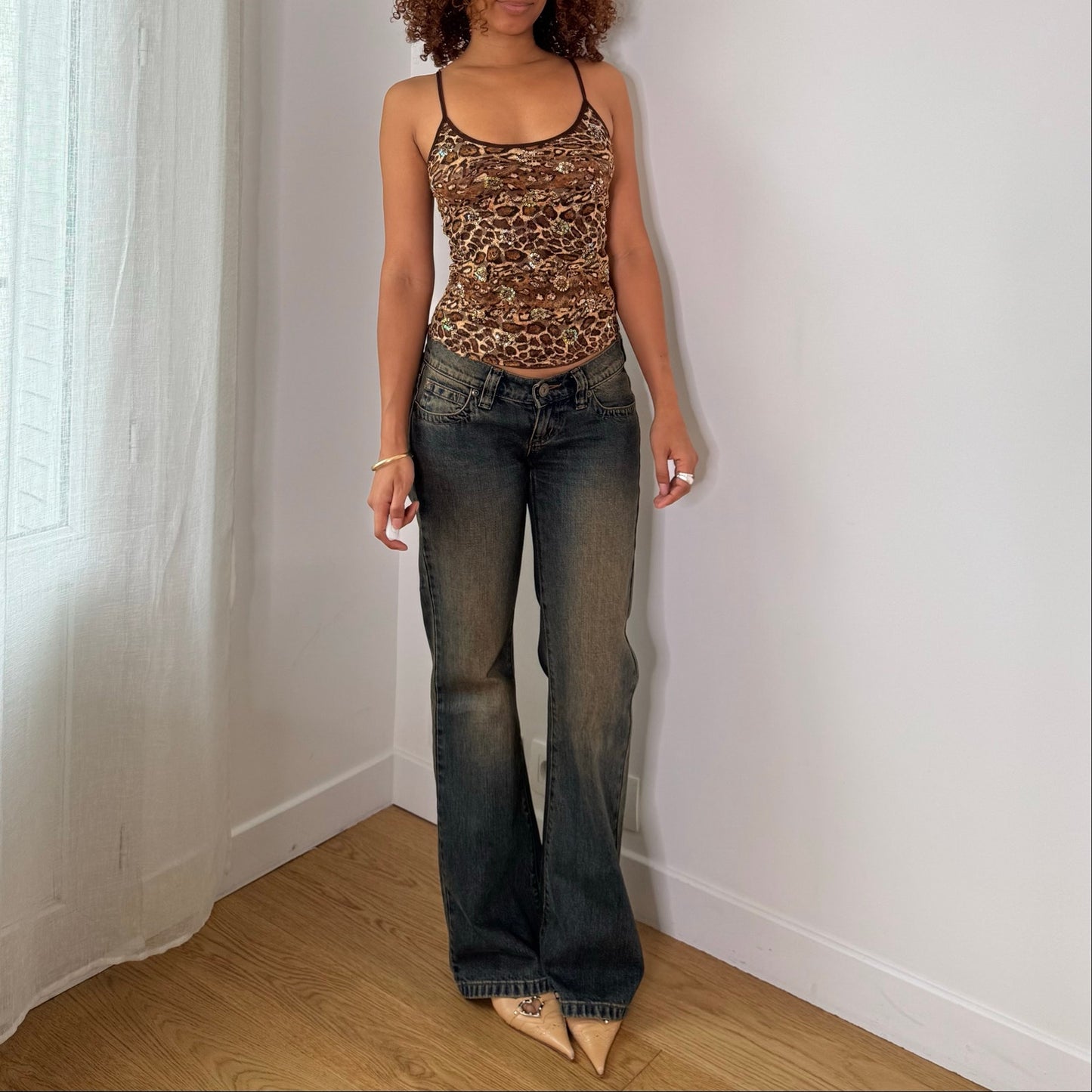 Vintage Brown Leopard Print Sequin Mesh Lace Cami Top Y2K (S)