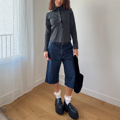 Vintage Italian Black Pinstripe Button Up Shirt Fitted Cotton (XS)