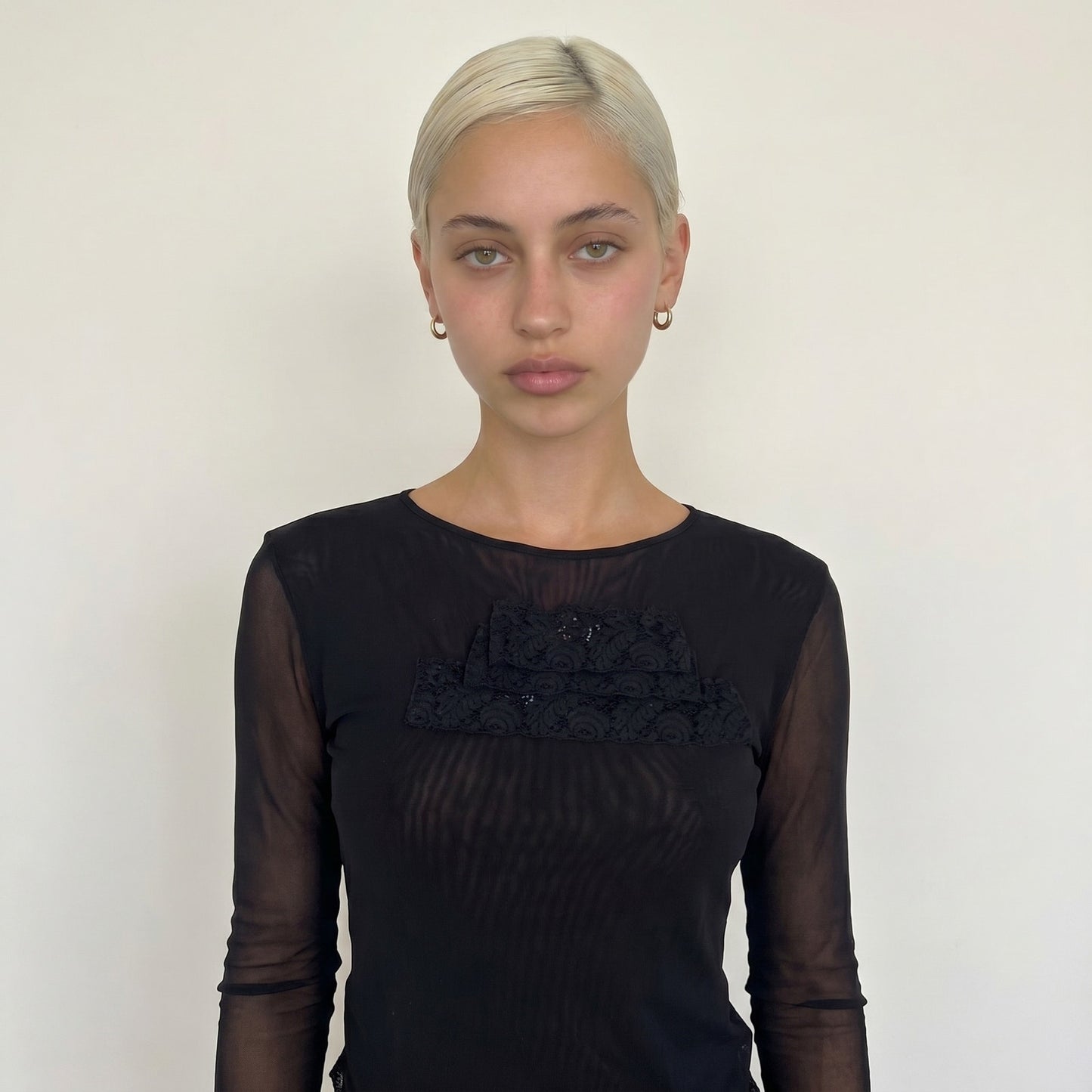Vintage Euro Lace Mesh Top Rhinestone Sheer Y2K Long Sleeve (S/M)
