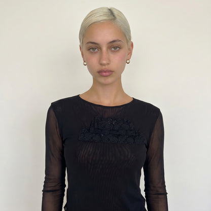 Vintage Euro Lace Mesh Top Rhinestone Sheer Y2K Long Sleeve (S/M)