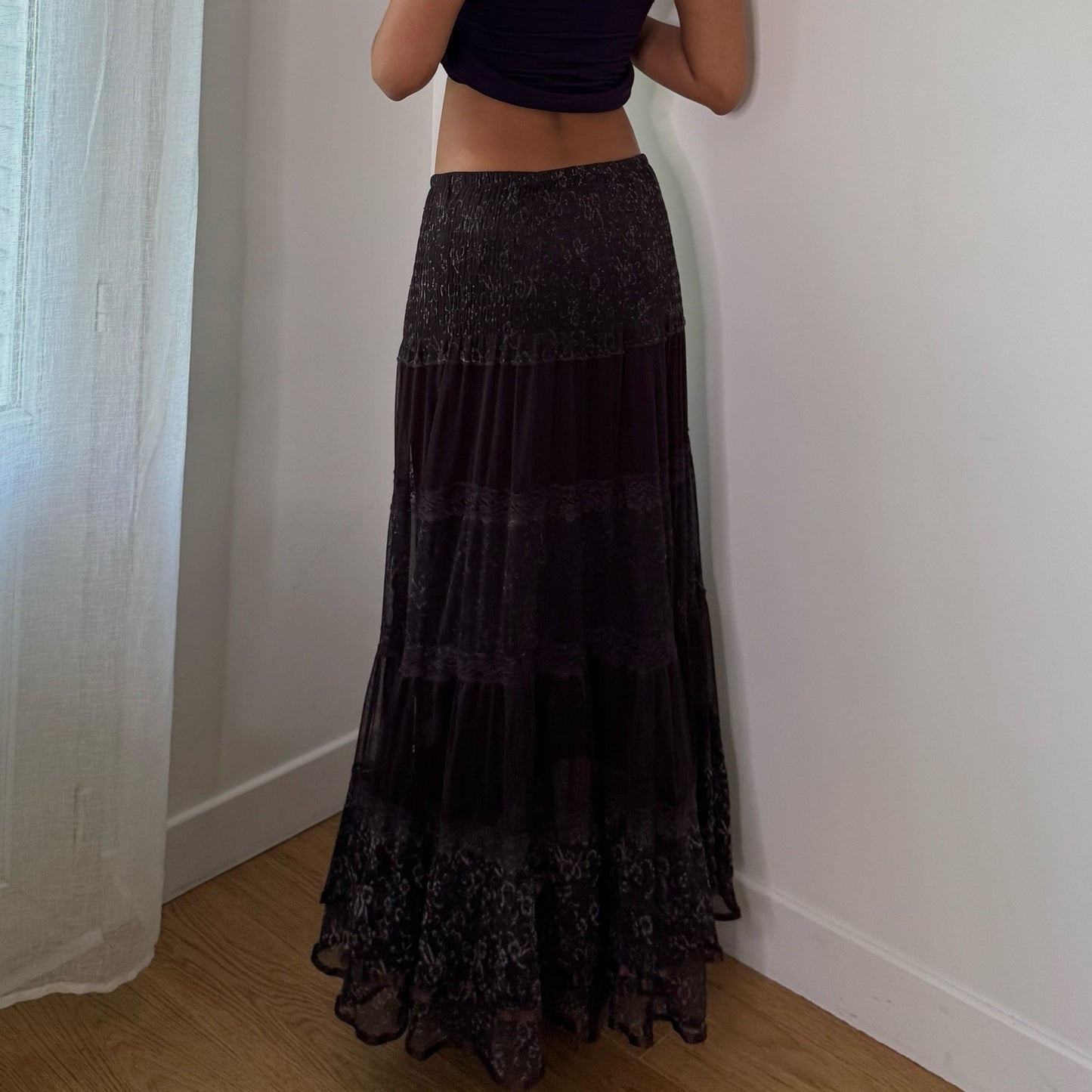 Vintage Dark Brown Lace Tiered Maxi Skirt Italian Boho Y2K (S/M)