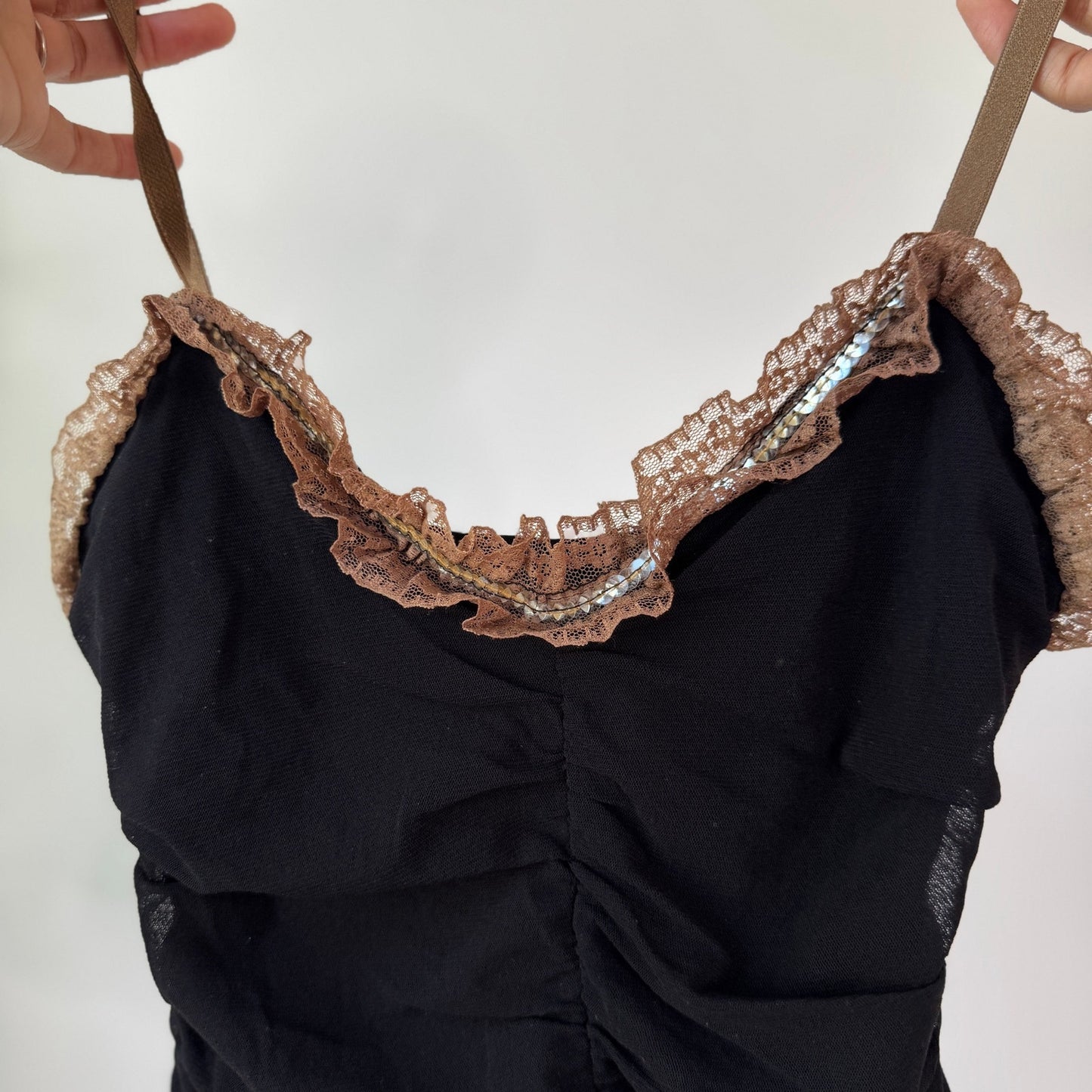 Vintage Black Mesh Cami Top Sequin Lace Trim Y2K Party Top (XS/S) ⠀