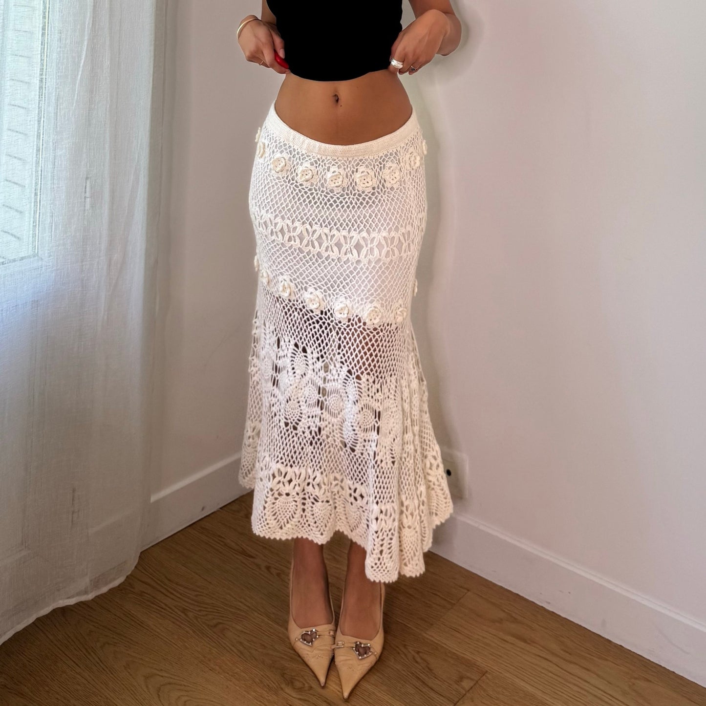 Vintage White Crochet Knit Maxi Skirt Italian Boho Y2K (S)