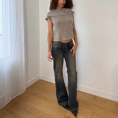 Vintage Italian tan ribbed mohair wool knit top with oversized fold over collar and rosette detail (S/M)