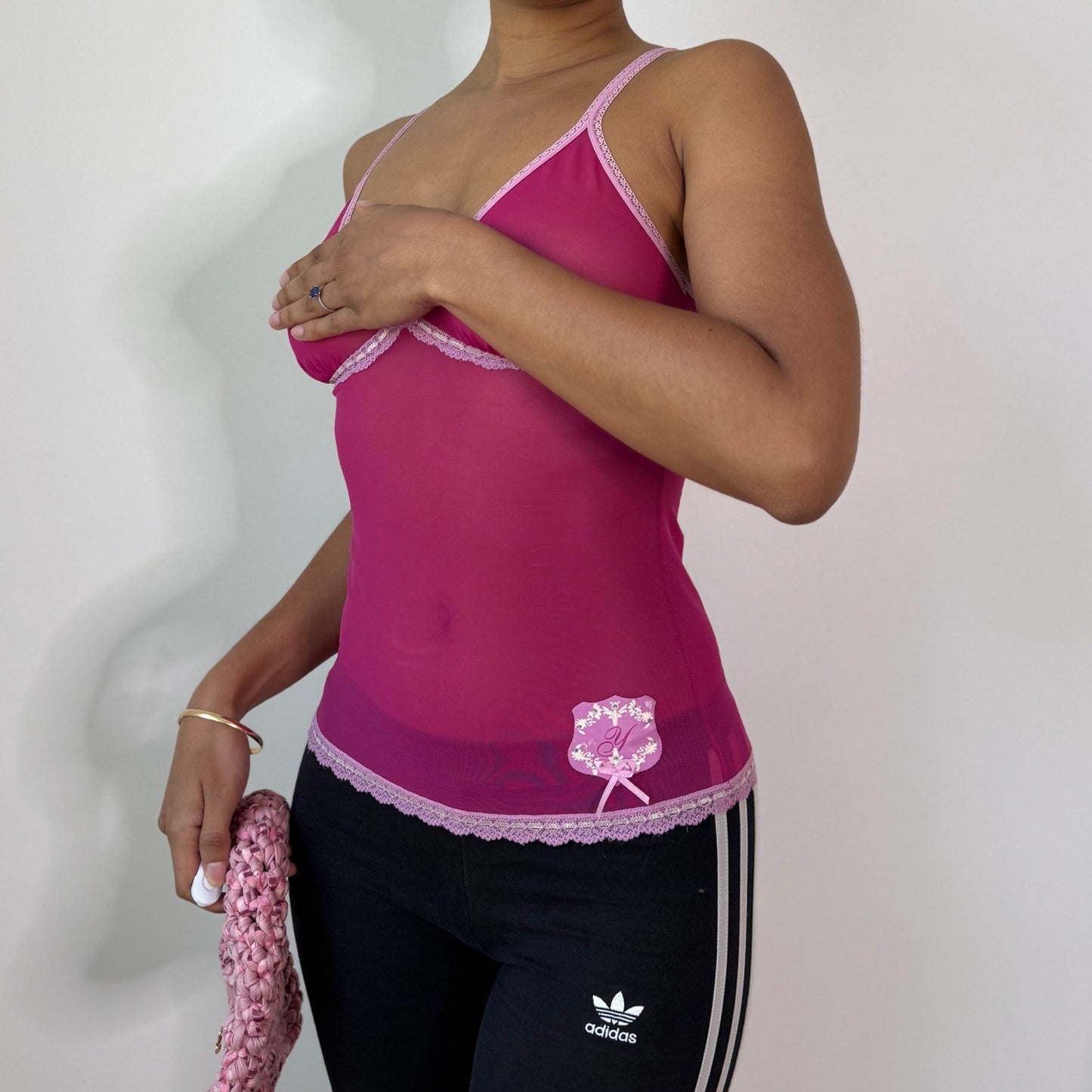 Vintage Pink Sheer Mesh Cami Top Lace Trim Y2K Lingerie Style Top (S) ⠀