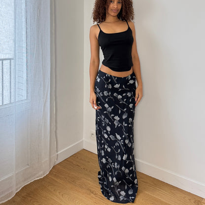 Vintage Euro Black Floral Mesh Maxi Skirt Sheer Layered Hem (S)