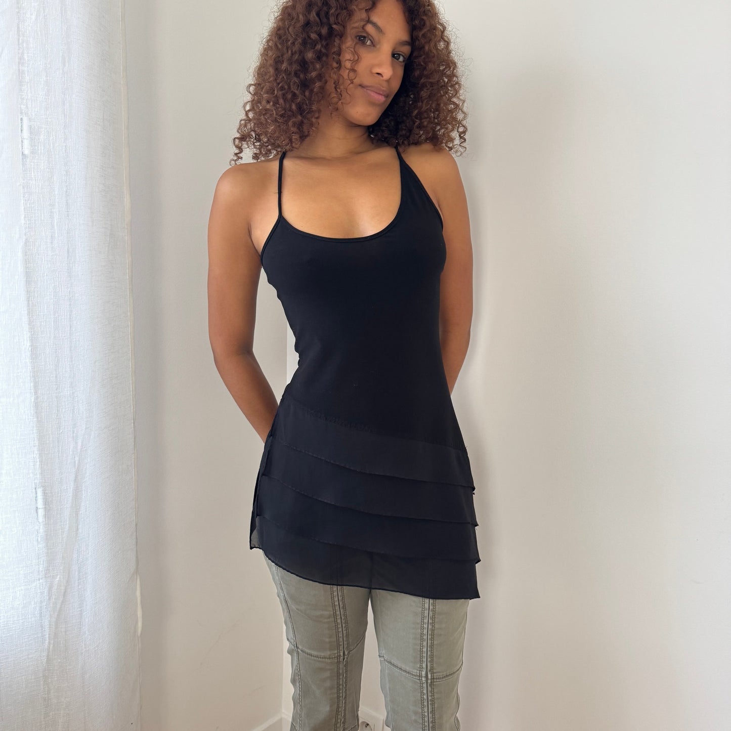 Vintage asymmetrical black slinky tank top (S)