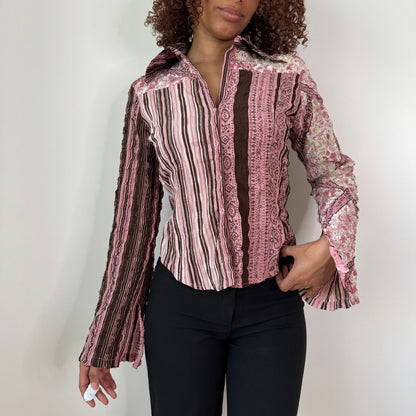 Vintage French Mixed Print Shirt Flared Cuffs (XS/S)
