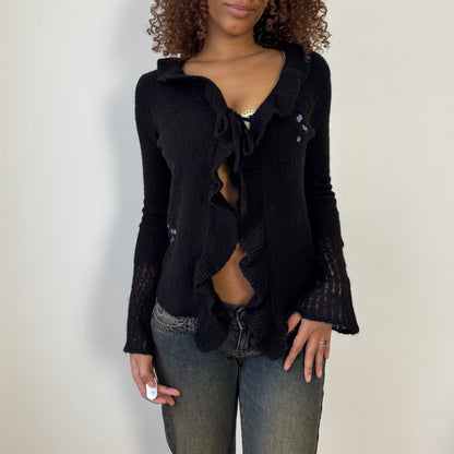 Vintage euro black textured knit tie front cardigan with ruffle trim and flared sleeves (S/M)