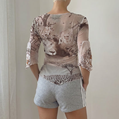 Vintage Jungle Animal Print Beaded Mesh Top Y2K (S/M)
