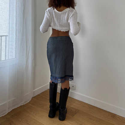 Vintage Euro white open-knit cropped cardigan with scalloped trim & tie-front (S/M)